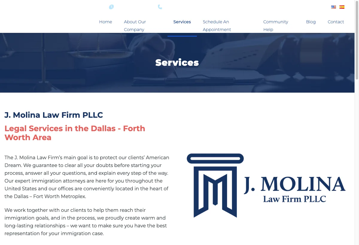 Services page of J. Molina Law Firm — immigration lawyers in Dallas