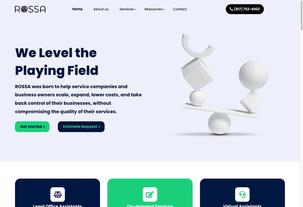 Homepage of ROSSA — staffing and back-office services for business