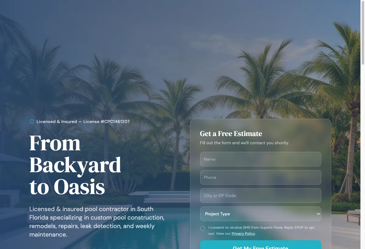 Homepage of Superb Pools — licensed pool contractor in South Florida