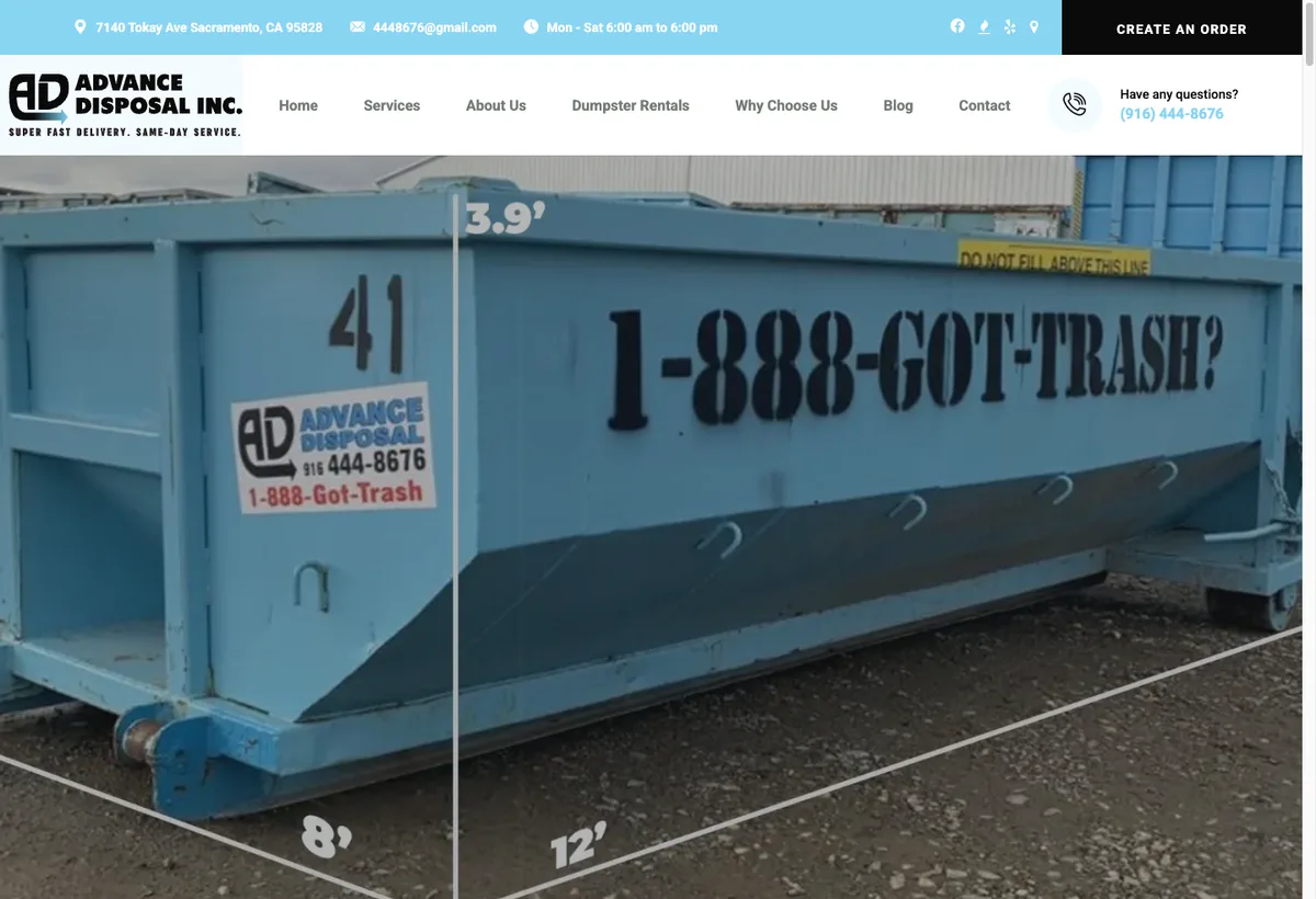 Homepage of Advance Disposal — dumpster rentals in Sacramento